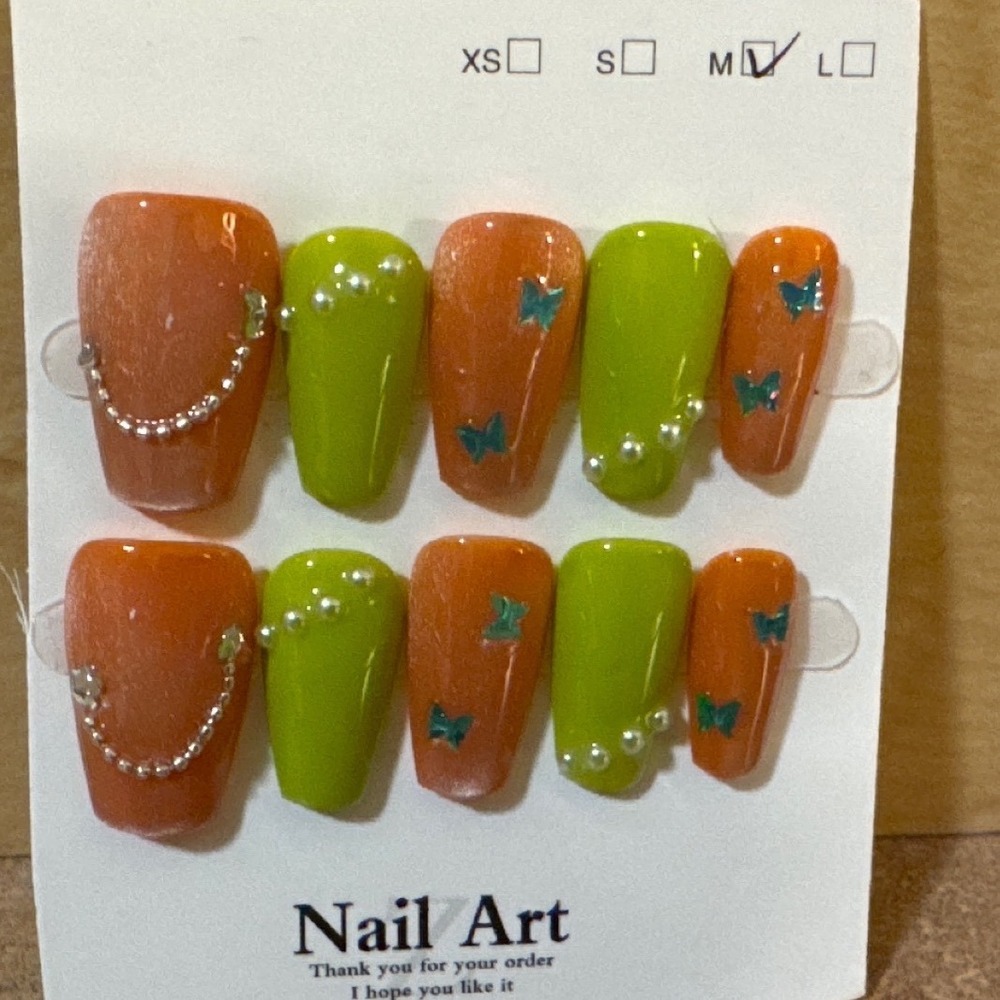 Orange and Lime Green Press On Nails Butterfly Pearl Accents Coffin Size Medium